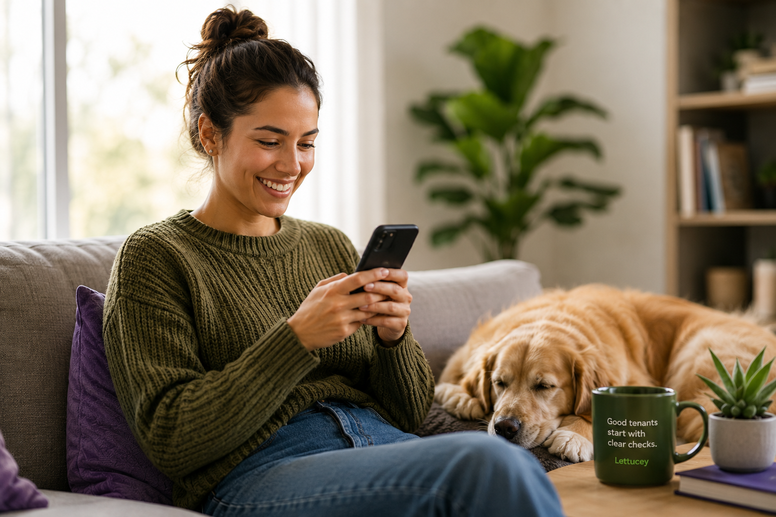 An applicant comfortably using her phone at home beside her dog