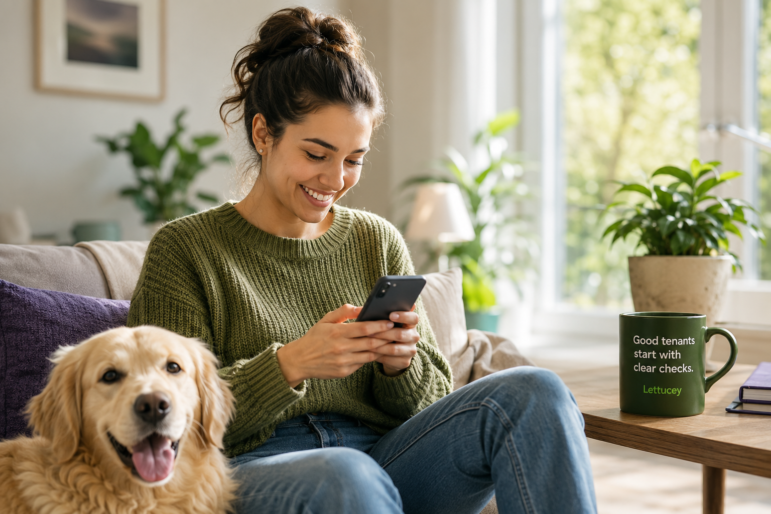An applicant completing her reference on a phone at home with her dog nearby