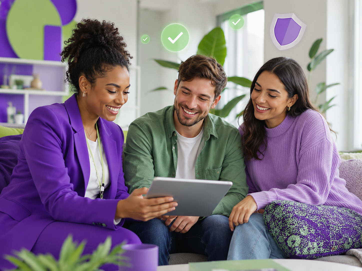 A letting agent reviewing a reference with two applicants