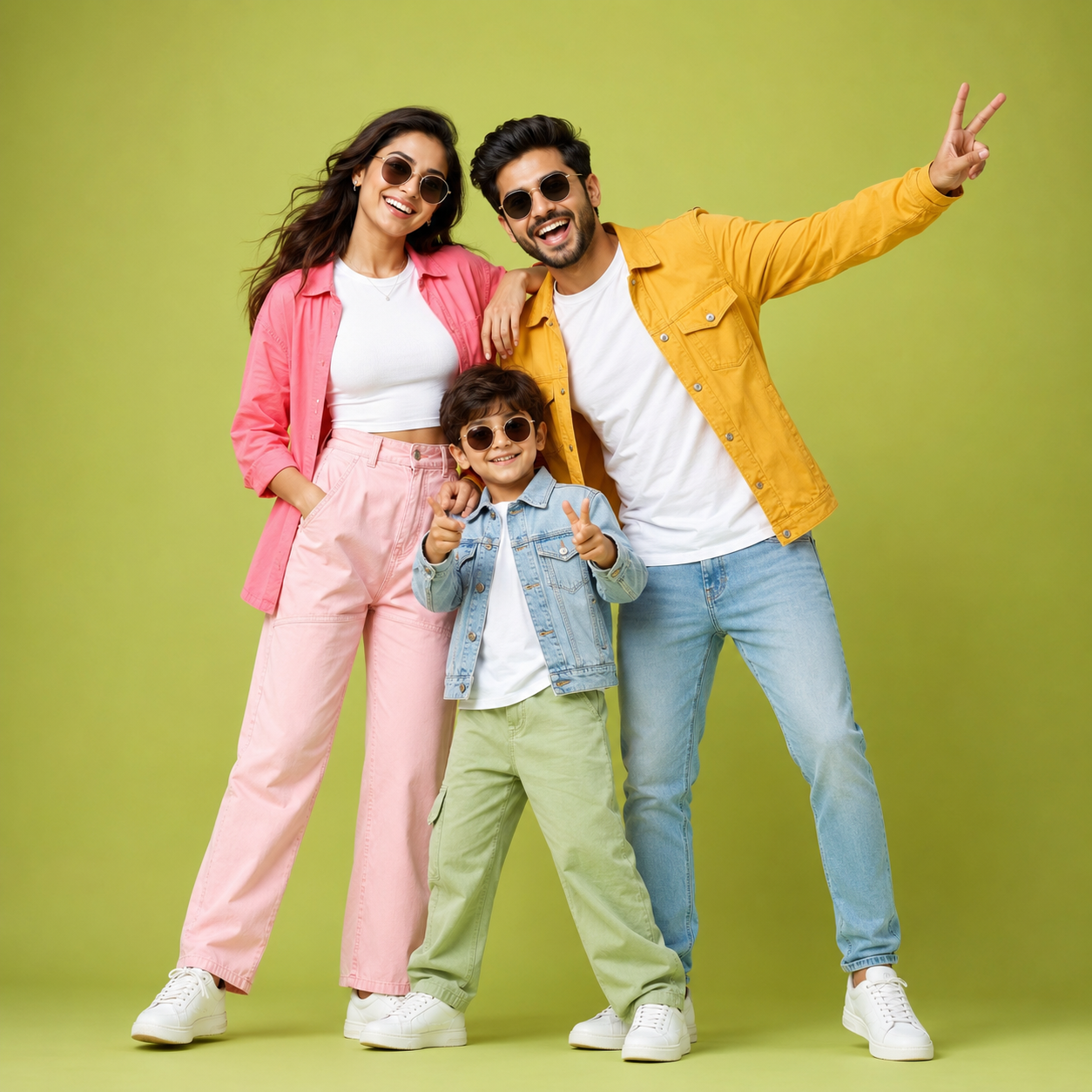 A family standing together against a green background