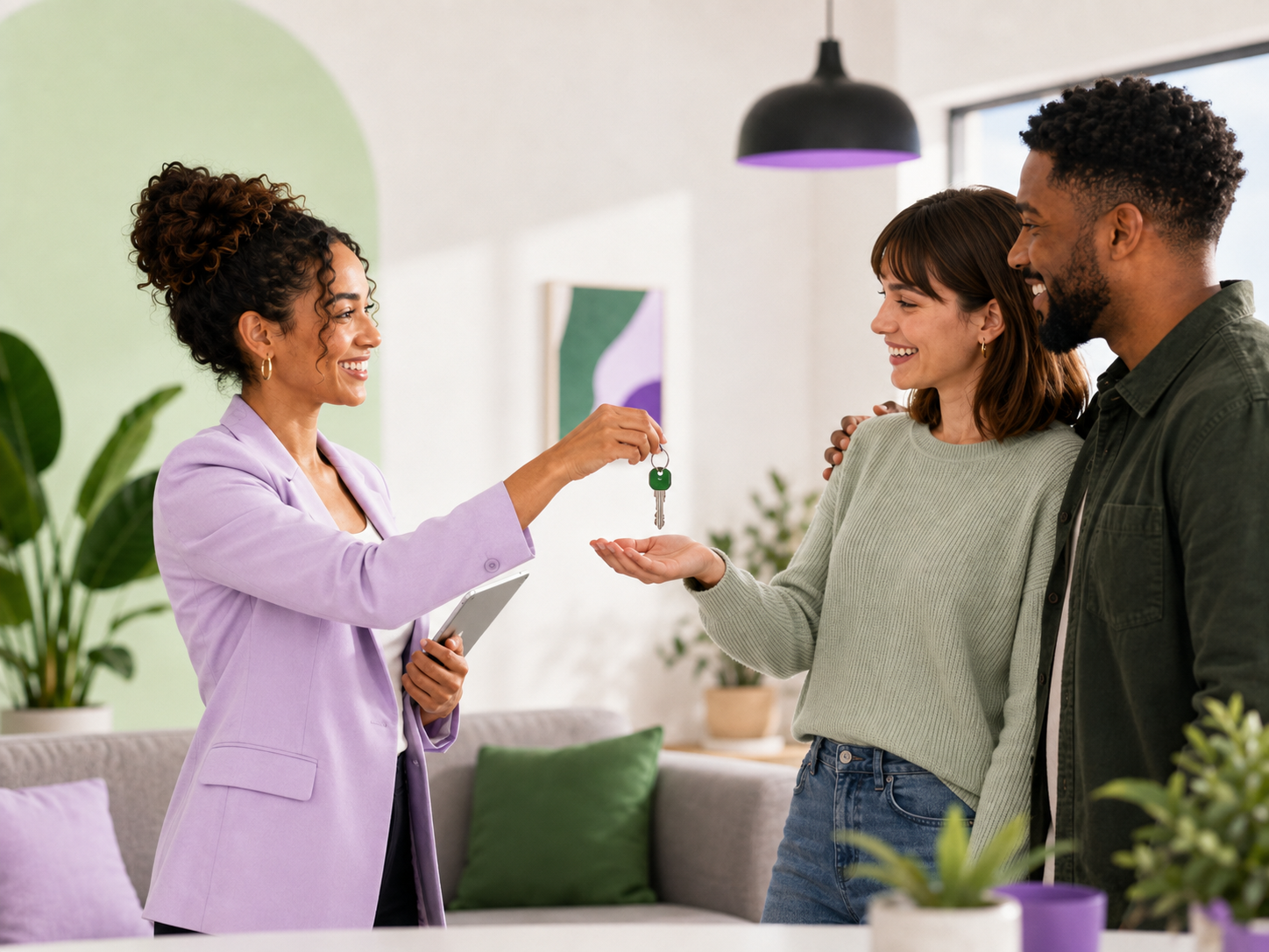 A letting agent handing the keys to two successful applicants