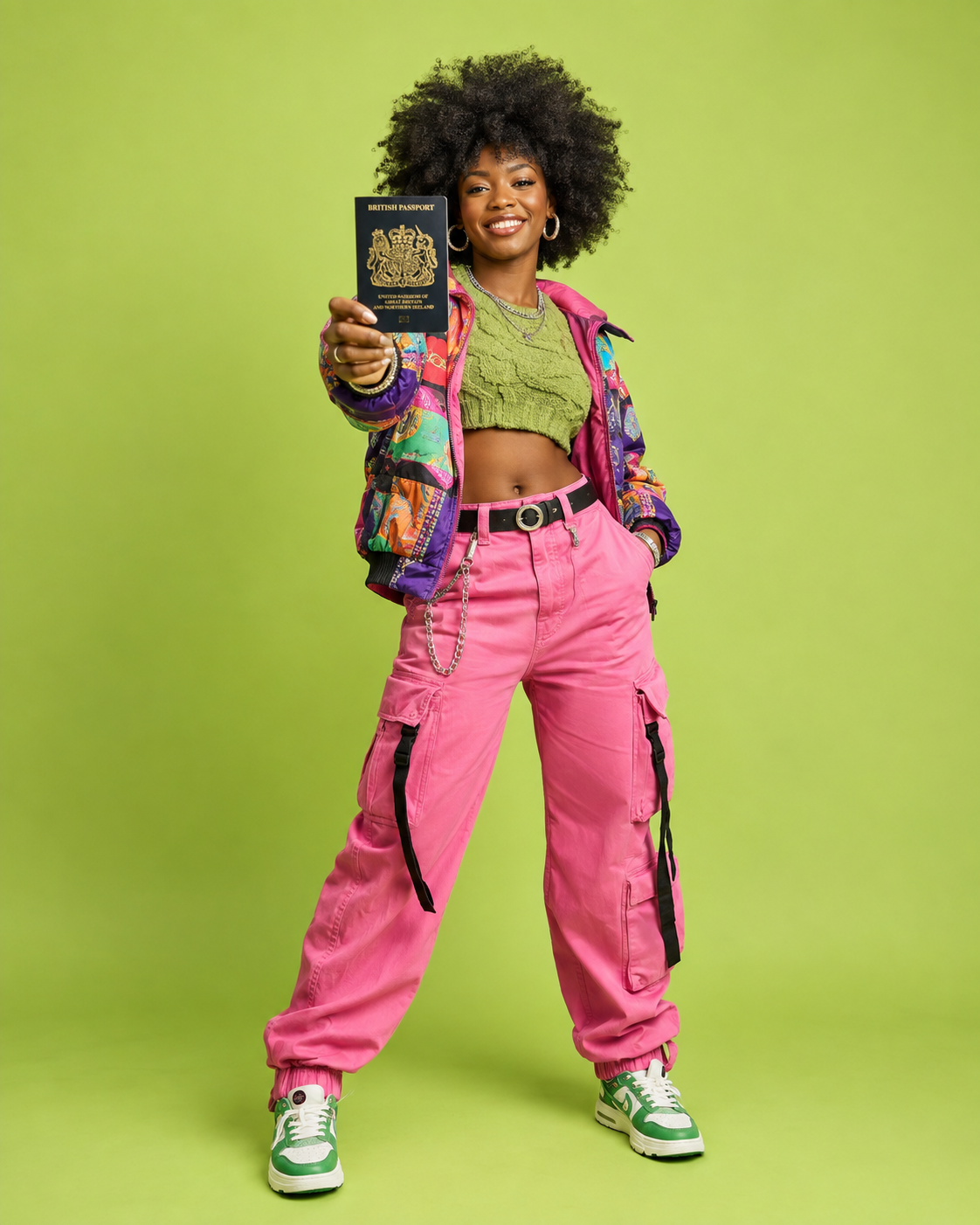 A woman holding a British passport against a green background