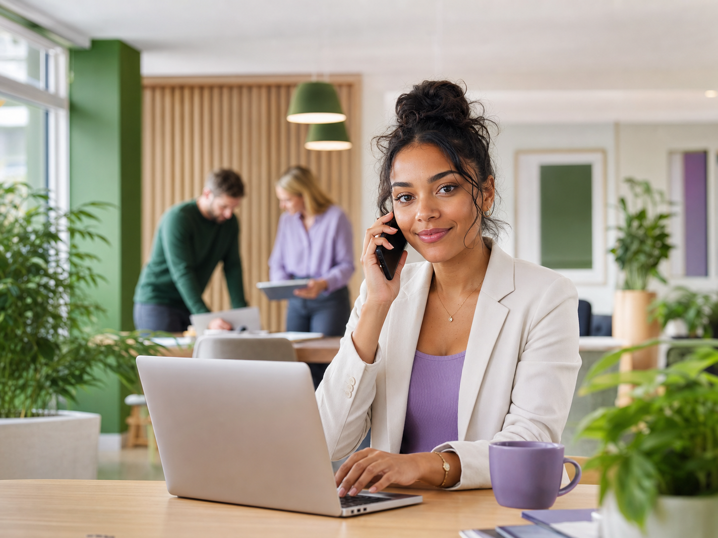 A letting agency manager handling a phone call while her colleagues work nearby