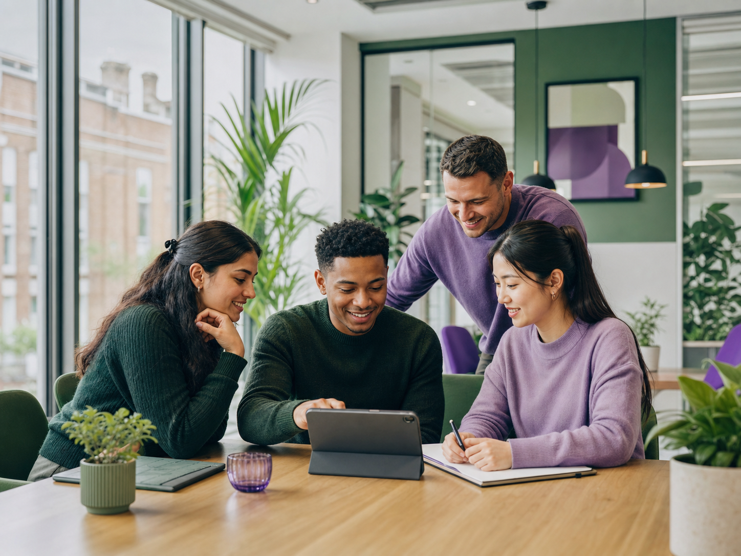 A diverse letting agency team collaborating around a shared tablet