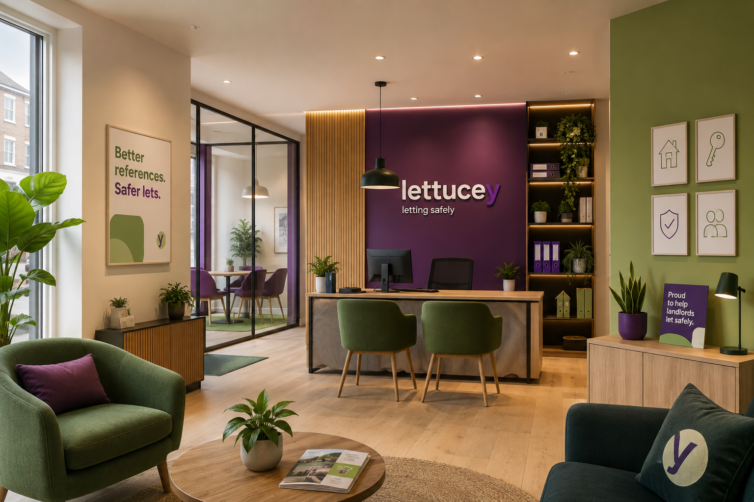 The Lettucey office reception with green seating and a purple branded wall