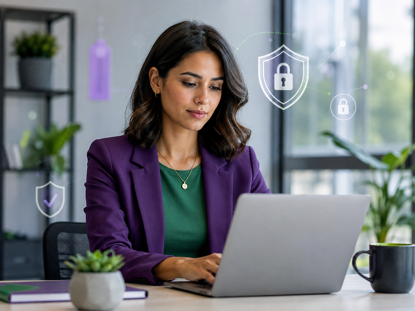 A professional reviewing information on a laptop with restrained security symbols